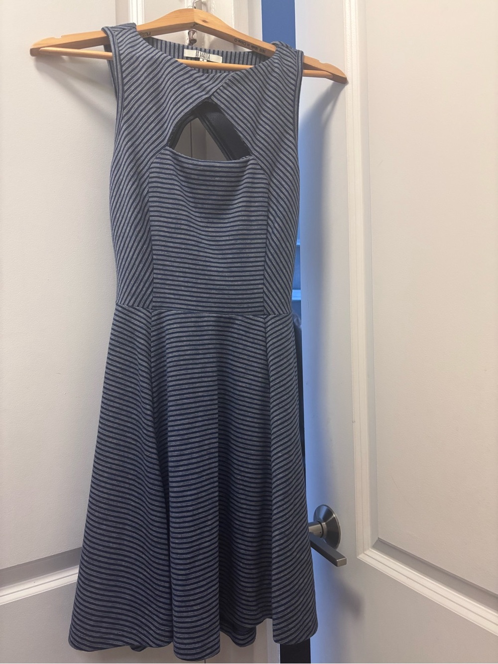 BB Dakota Navy and Gray Striped Fit-and-Flare Mini Dress